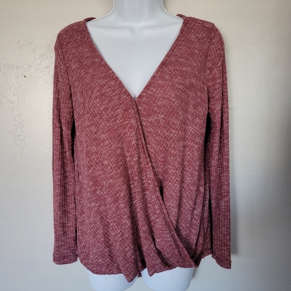 Final Touch Small Burgundy Draped Front Long Sleeve Blouse Ribbed V-neck Soft